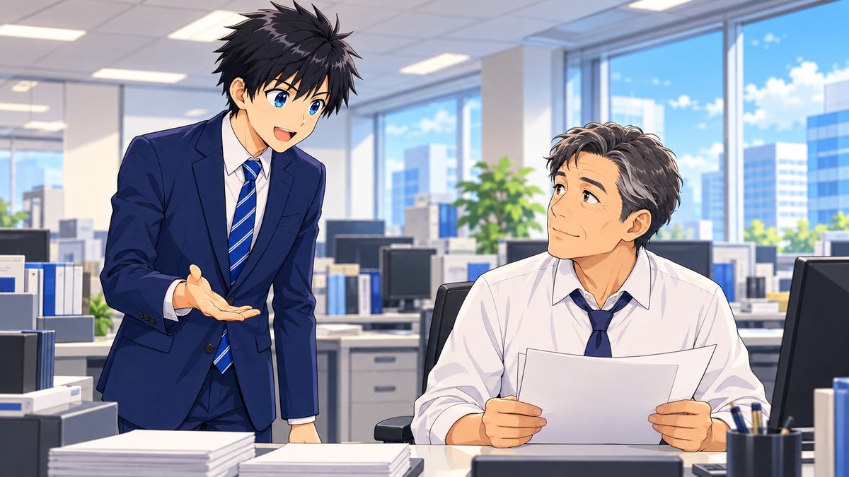 新道が先輩の席に行き話しかけ、先輩が書類を持ったまま見上げている